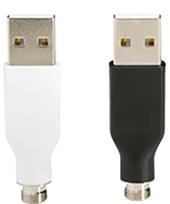 A black and a white CCELL USB chargers